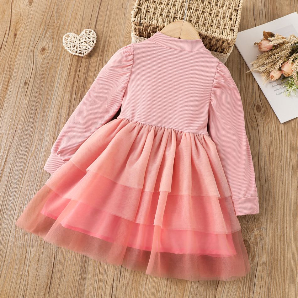 Toddler Girl Mock Neck Ribbed Layered Mesh Splice Long-sleeve Pink Dress Pink big image 2
