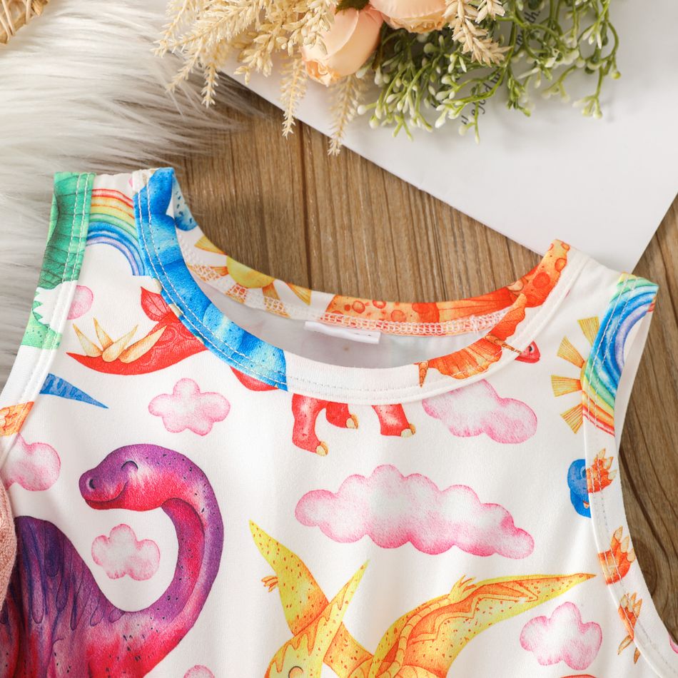 2pcs Toddler Girl Dinosaur Print Sleeveless Dress and Ruffled Cardigan Set Pink big image 4