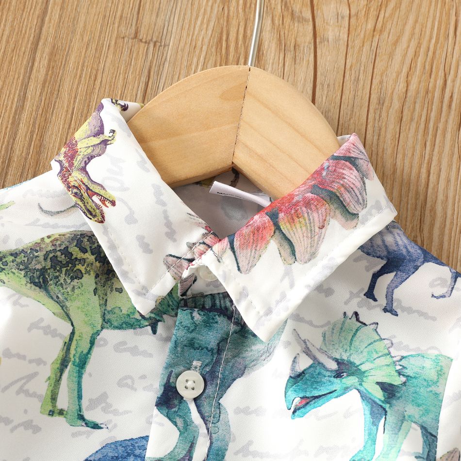 2 قطعة طفل رضيع طباعة ديناصور قميص وياقة طية صدر السترة ومجموعة السراويل المرنة العمري الأخضر big image 3