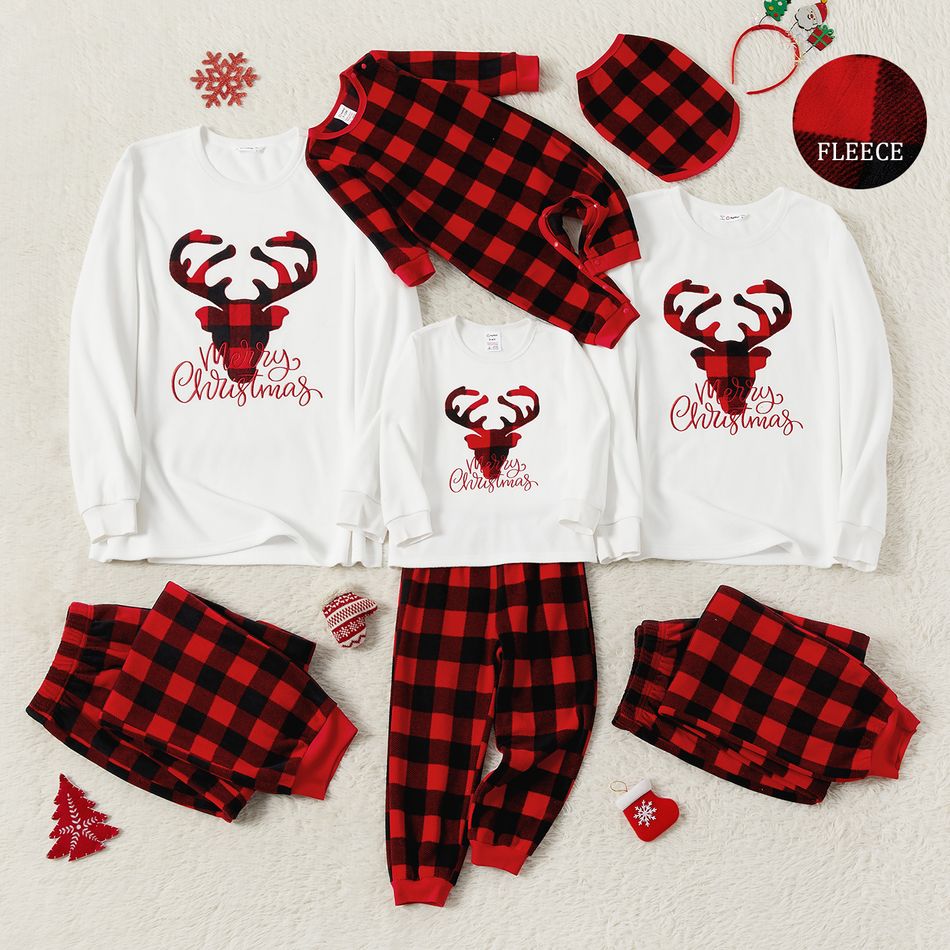 Christmas Family Matching Deer & Letter Embroidered Thickened Polar Fleece Long-sleeve Red Plaid Pajamas Sets (Flame Resistant) redblack big image 1