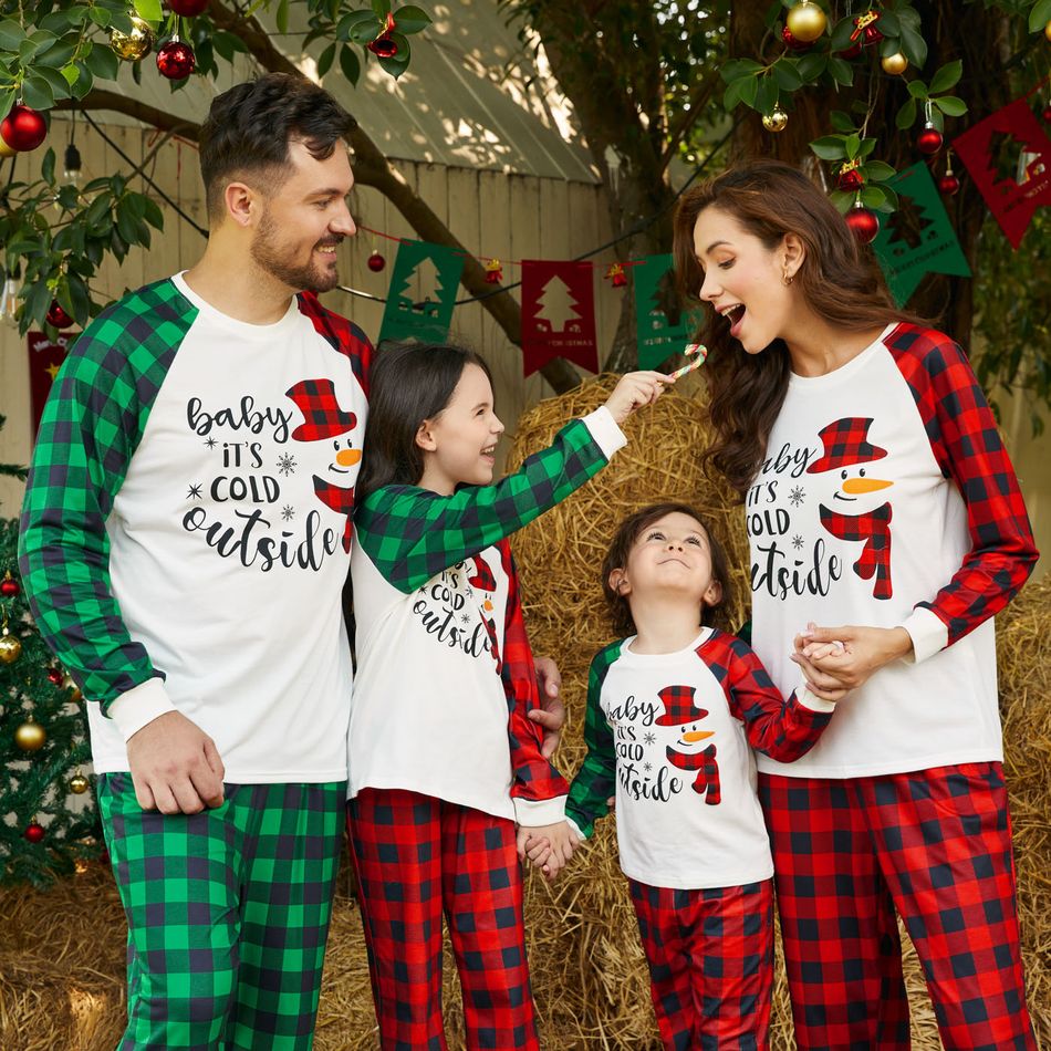 Christmas Family Matching Snowman & Letter Print Green and Red Plaid Raglan-sleeve Pajamas Sets (Flame Resistant) redblack big image 3