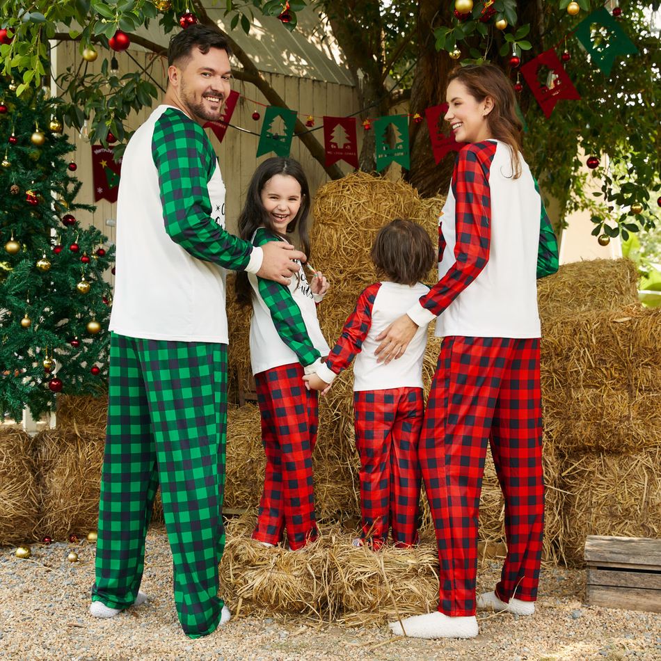 Christmas Family Matching Snowman & Letter Print Green and Red Plaid Raglan-sleeve Pajamas Sets (Flame Resistant) redblack big image 6
