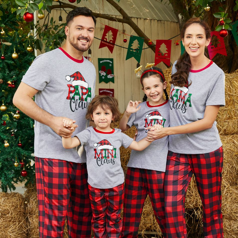 Christmas Family Matching Xmas Hat & Letter Print Grey Short-sleeve Plaid Pajamas Sets (Flame Resistant) Grey big image 14