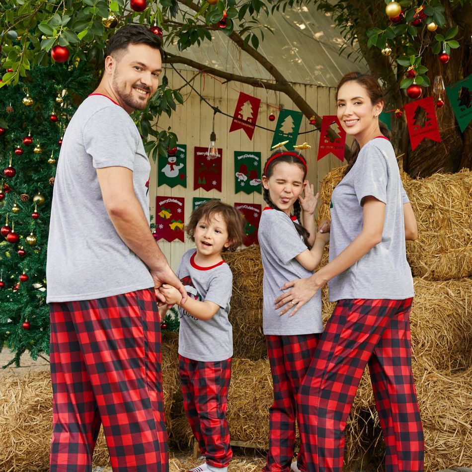Christmas Family Matching Xmas Hat & Letter Print Grey Short-sleeve Plaid Pajamas Sets (Flame Resistant) Grey big image 13