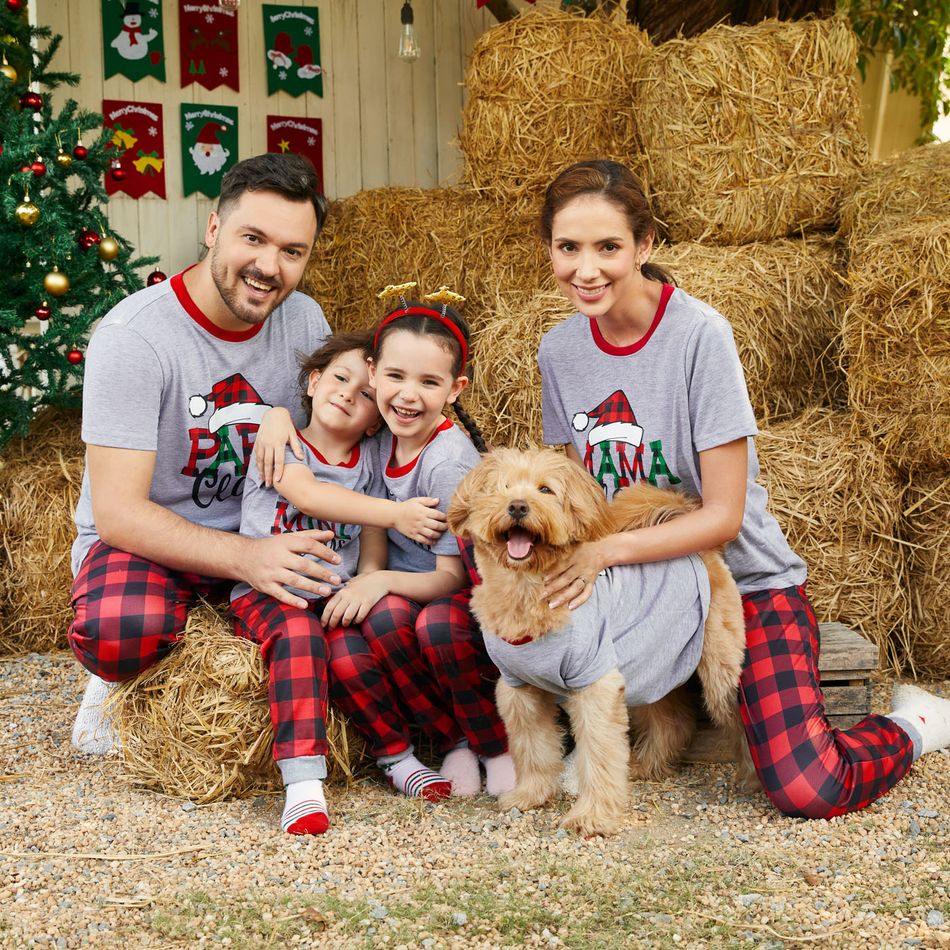 Christmas Family Matching Xmas Hat & Letter Print Grey Short-sleeve Plaid Pajamas Sets (Flame Resistant) Grey big image 1