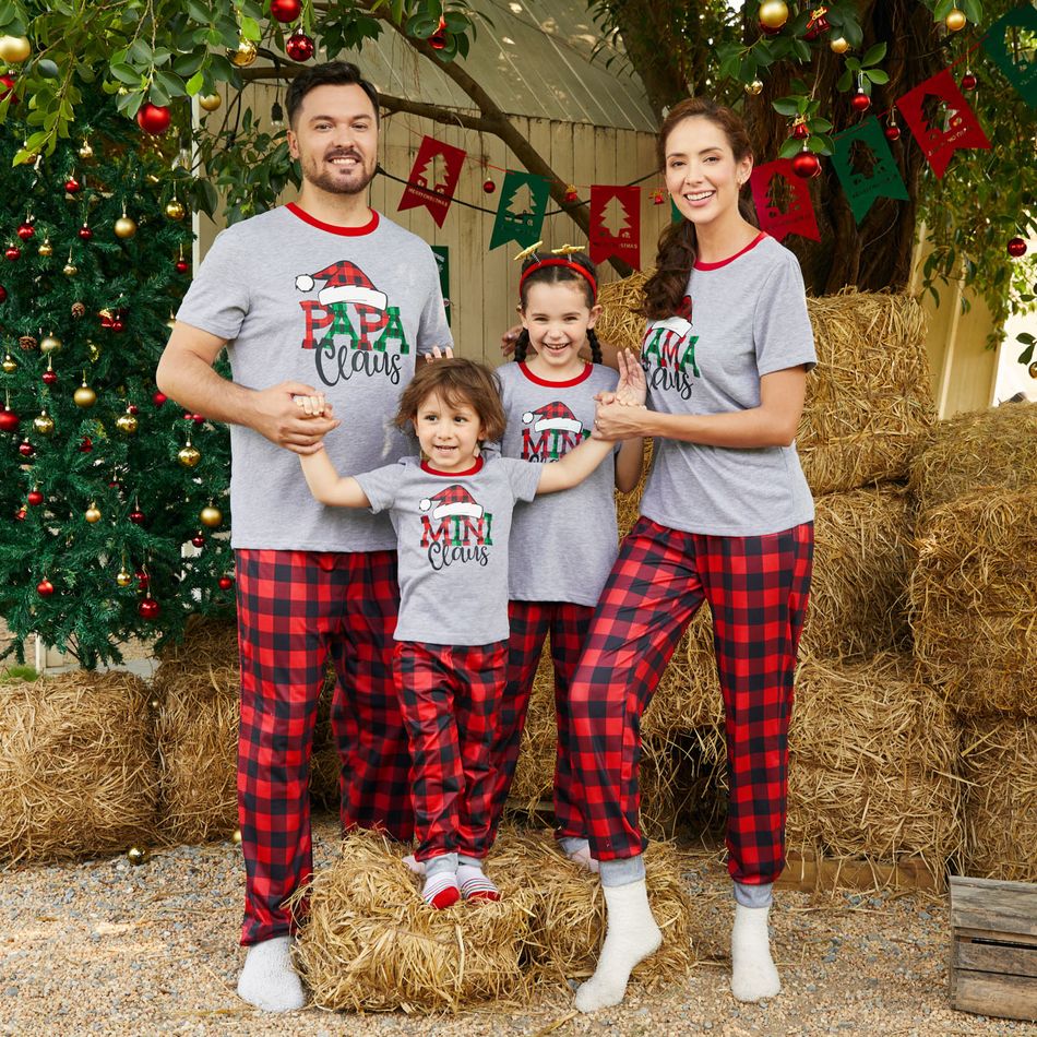 Christmas Family Matching Xmas Hat & Letter Print Grey Short-sleeve Plaid Pajamas Sets (Flame Resistant) Grey big image 16