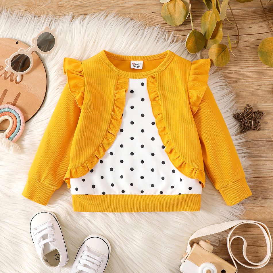 Baby Girl Polka Dots Faux-two Ribbed Ruffle Trim Long-sleeve Pullover yellowwhite