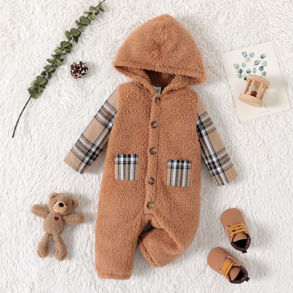 Baby Boy Plaid Long-sleeve Spliced Thermal Fuzzy Hooded Jumpsuit Apricot