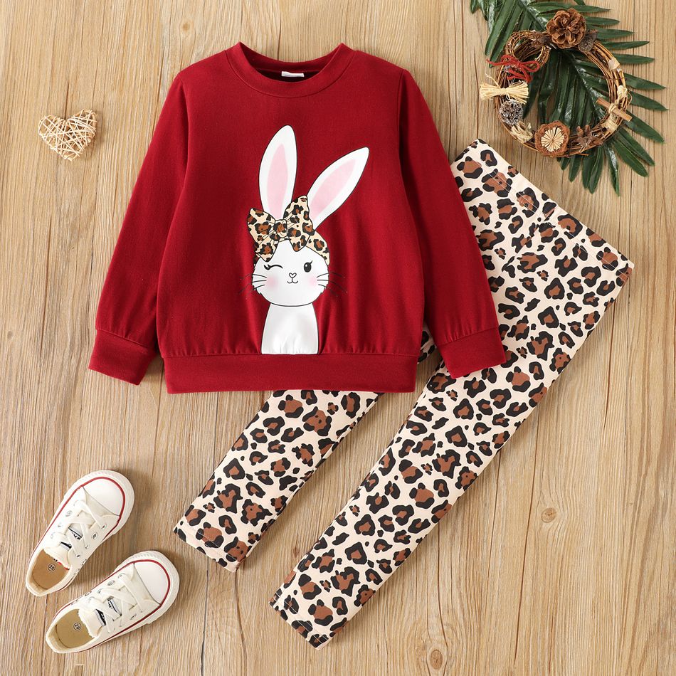 2pcs Toddler Girl Rabbit Print Pullover Sweatshirt and Leopard Print Leggings Set WineRed big image 1