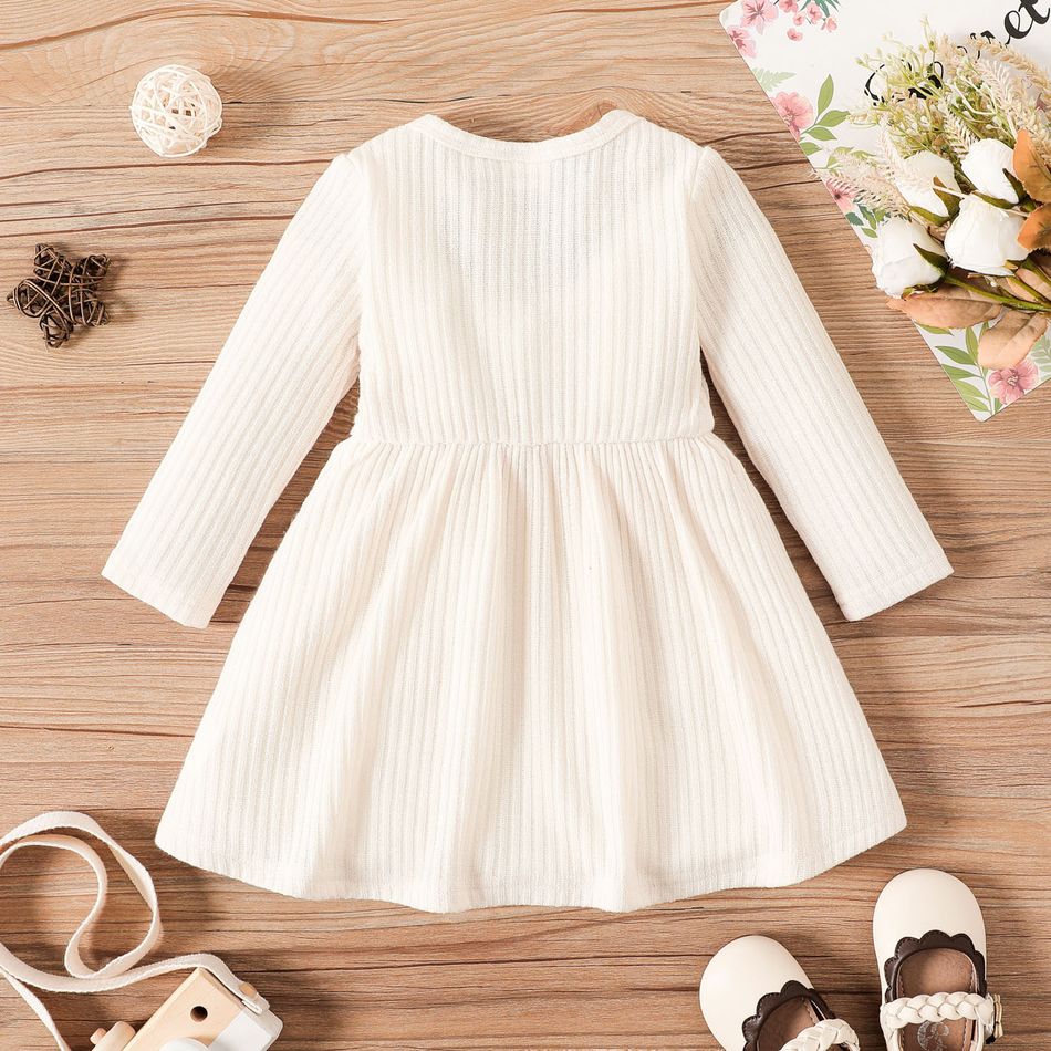 Baby Girl Button Front Solid Rib Knit Long-sleeve Dress Creamcolored big image 2