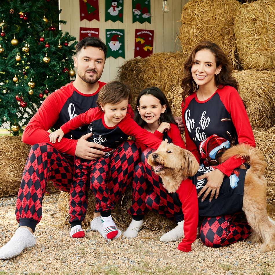 Christmas Family Matching Reindeer & Letter Print Red Raglan-sleeve Argyle Pattern Pajamas Sets (Flame Resistant) Black big image 3