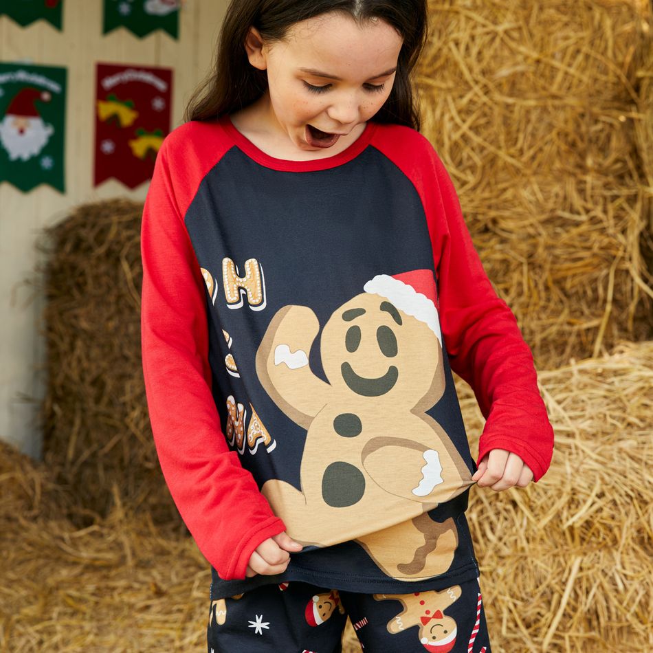 Christmas Family Matching Gingerbread Man & Letter Print Raglan-sleeve Pajamas Sets (Flame Resistant) Black big image 4
