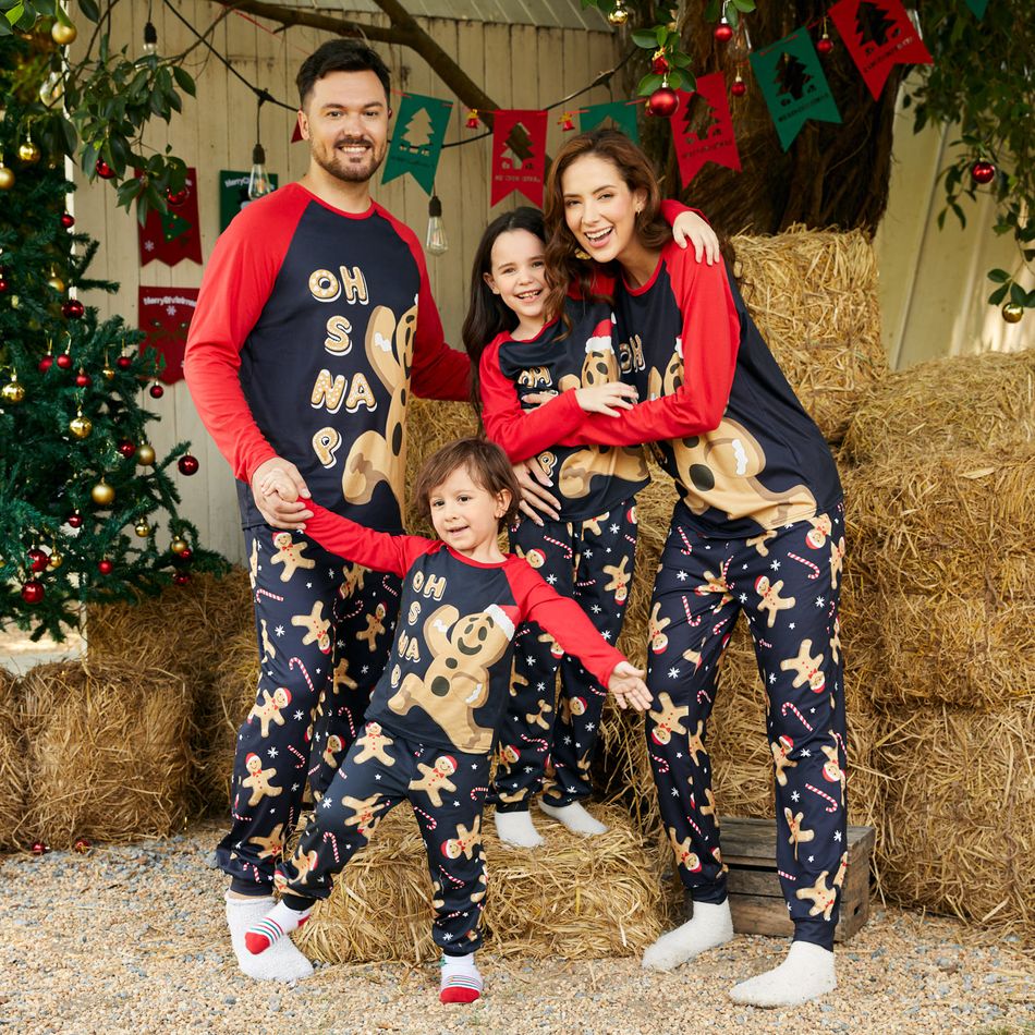 Christmas Family Matching Gingerbread Man & Letter Print Raglan-sleeve Pajamas Sets (Flame Resistant) Black big image 2