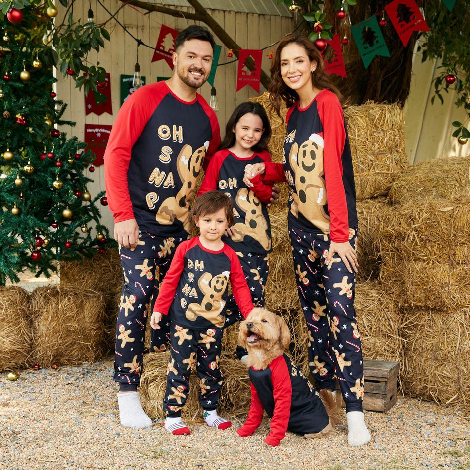 Christmas Family Matching Gingerbread Man & Letter Print Raglan-sleeve Pajamas Sets (Flame Resistant) Black big image 19