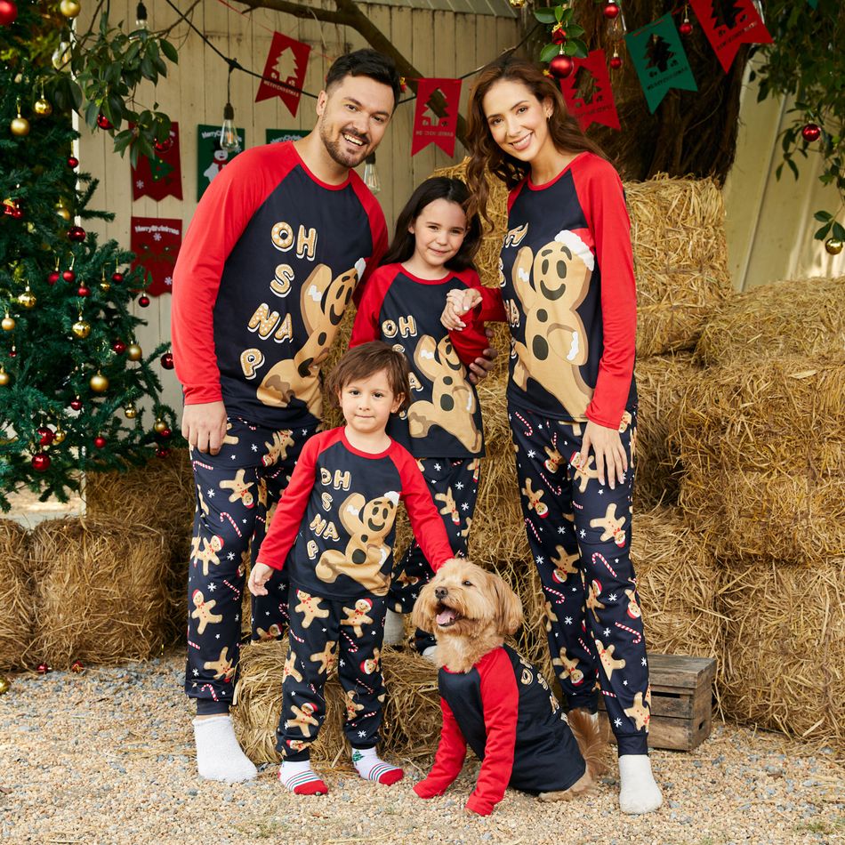 Christmas Family Matching Gingerbread Man & Letter Print Raglan-sleeve Pajamas Sets (Flame Resistant) Black big image 9