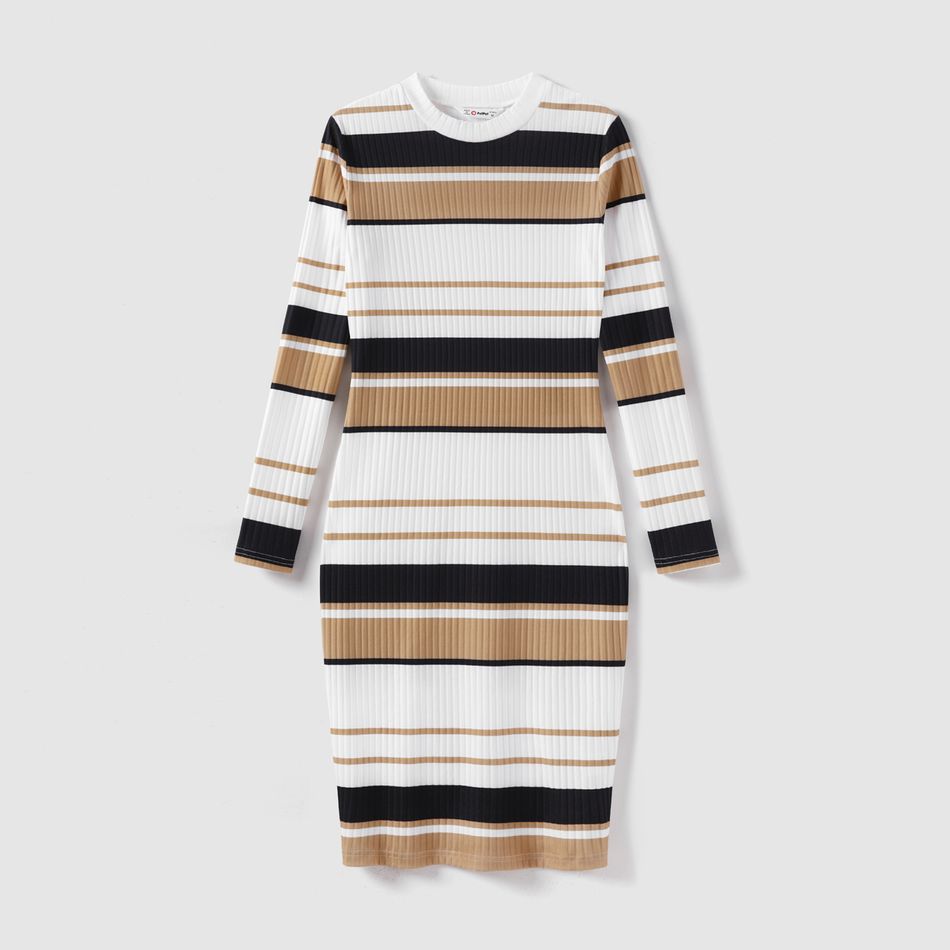 Family Matching Long-sleeve Striped Bodycon Dresses and Colorblock Tops Sets Khaki big image 2