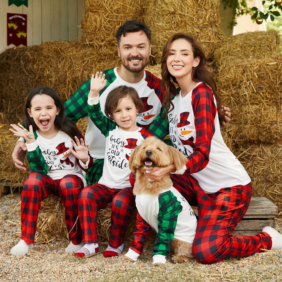 Christmas Family Matching Snowman & Letter Print Green and Red Plaid Raglan-sleeve Pajamas Sets (Flame Resistant) redblack big image 4