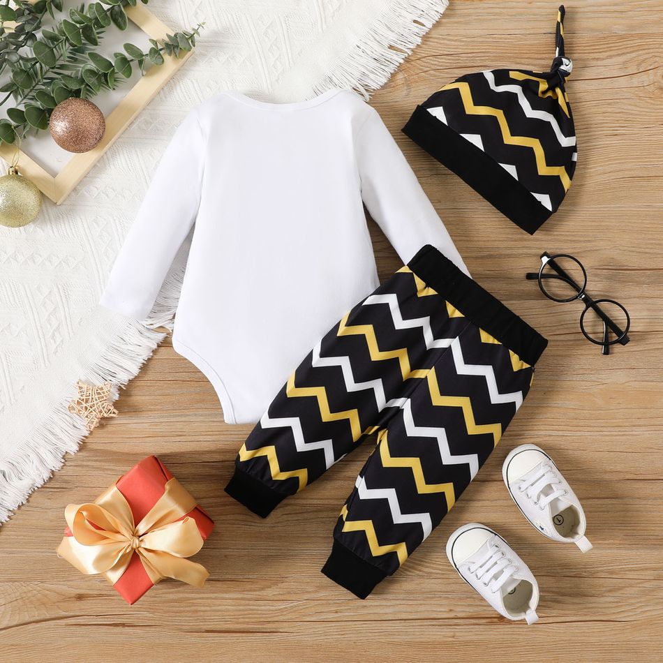 New Year 3pcs Baby Boy 95% Cotton Long-sleeve Bow Tie Decor Graphic Romper and Chevron Striped Pants with Hat Set BlackandWhite big image 2