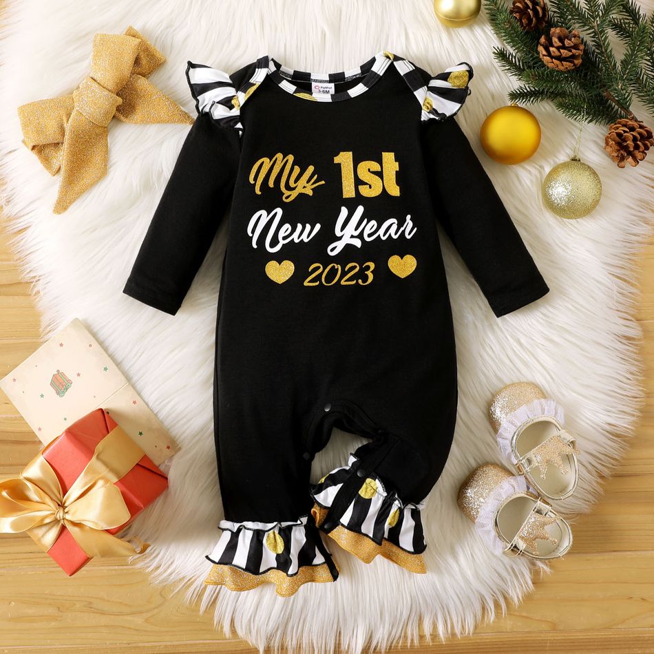 New Year Baby Girl Letter Print Striped Ruffle Trim Black Long-sleeve Jumpsuit BlackandWhite big image 1