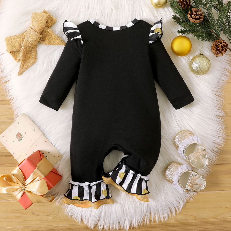 New Year Baby Girl Letter Print Striped Ruffle Trim Black Long-sleeve Jumpsuit BlackandWhite big image 2