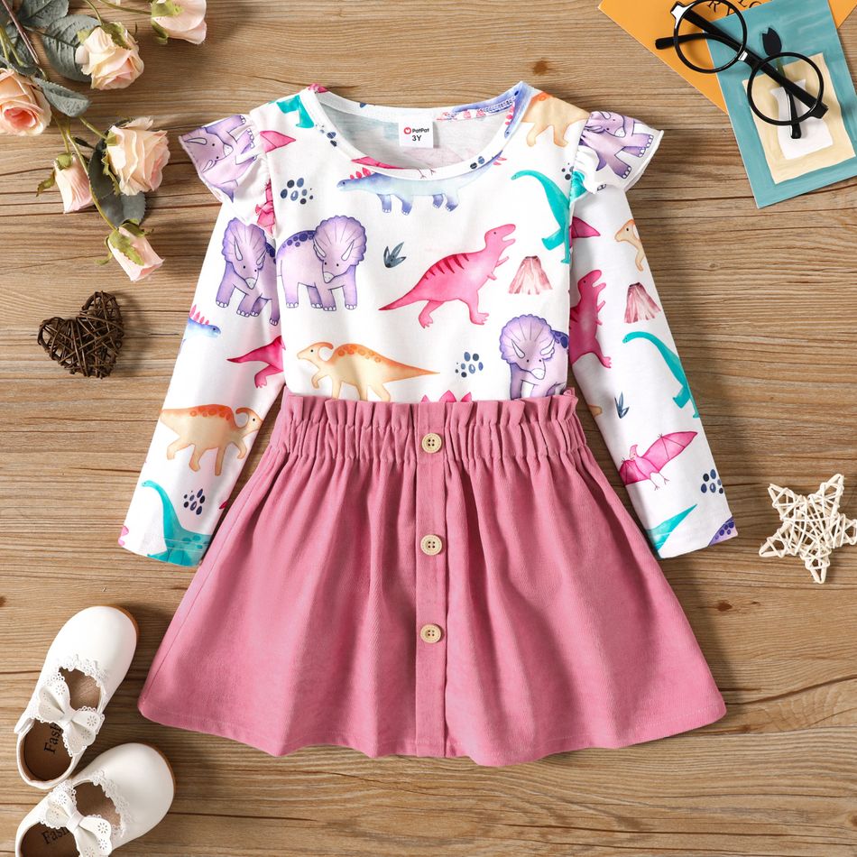 2pcs Toddler Girl Dinosaur Print Long-sleeve Tee and Button Design Pink Skirt Set Pink big image 1