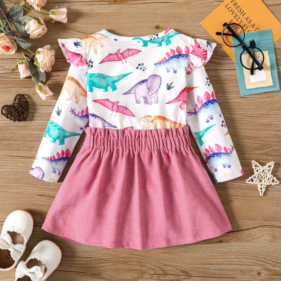 2pcs Toddler Girl Dinosaur Print Long-sleeve Tee and Button Design Pink Skirt Set Pink big image 2