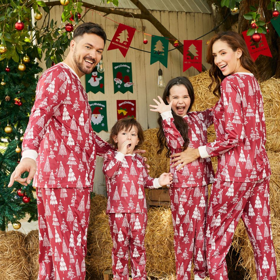 Christmas Family Matching Allover Xmas Tree Print Long-sleeve Pajamas Sets (Flame Resistant) WineRed big image 3