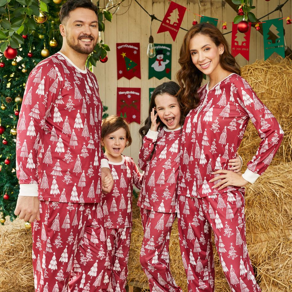 Christmas Family Matching Allover Xmas Tree Print Long-sleeve Pajamas Sets (Flame Resistant) WineRed big image 1