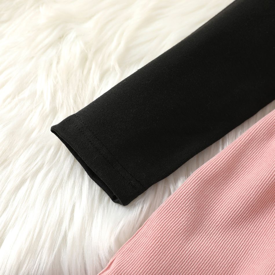 Kid Girl Button Design Colorblock Splice Long-sleeve Dress Black big image 4