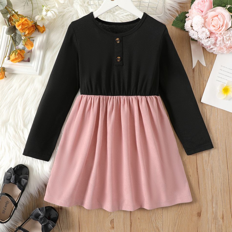 Kid Girl Button Design Colorblock Splice Long-sleeve Dress Black