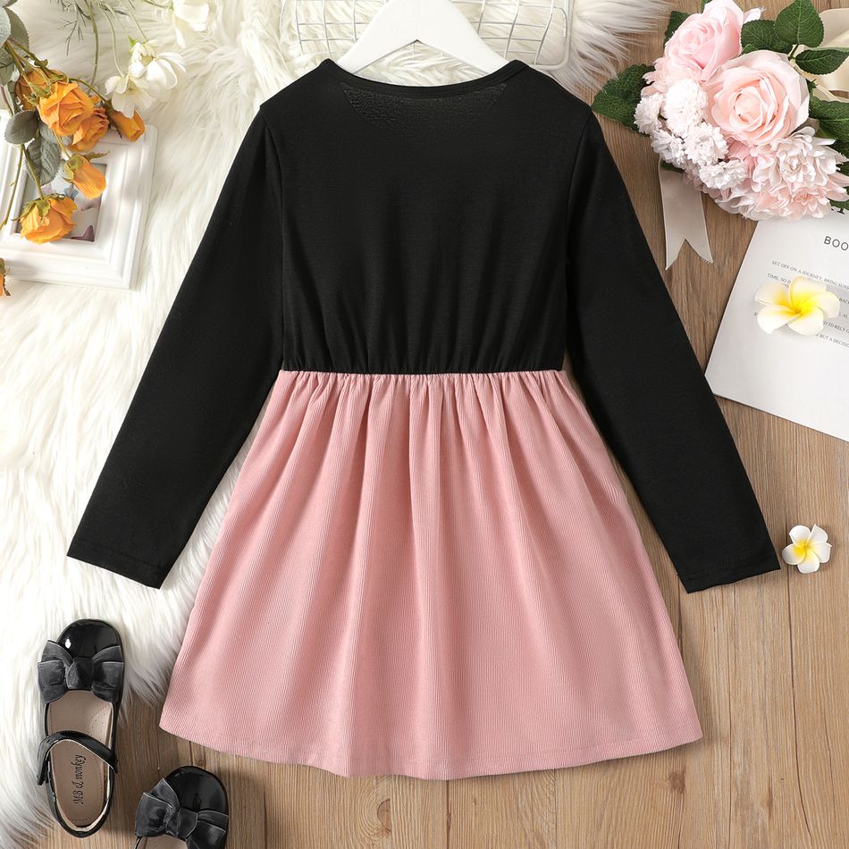 Kid Girl Button Design Colorblock Splice Long-sleeve Dress Black big image 2