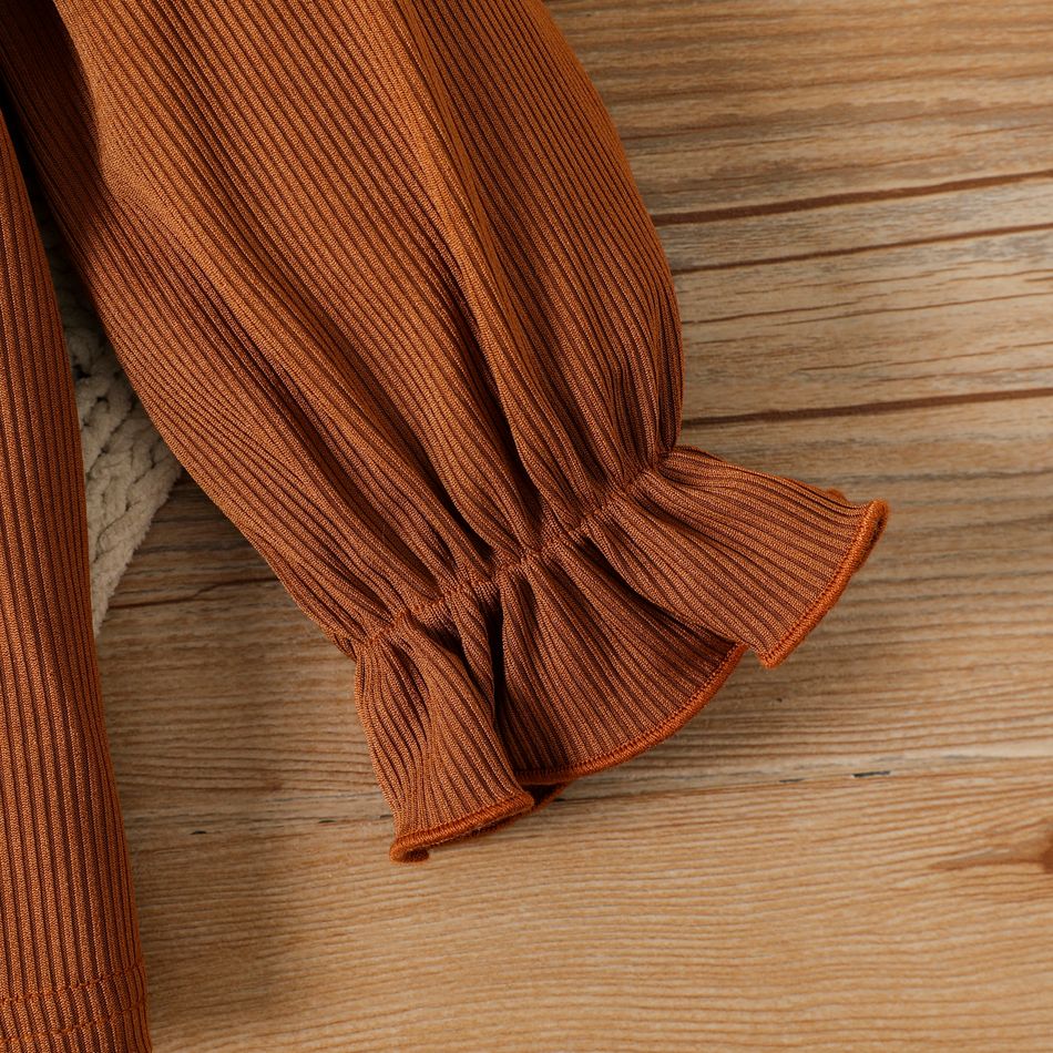 2pcs Baby Girl 100% Cotton Plaid Ruffle Trim Suspender Pants and Brown Ribbed Long-sleeve Top Set Brown big image 5