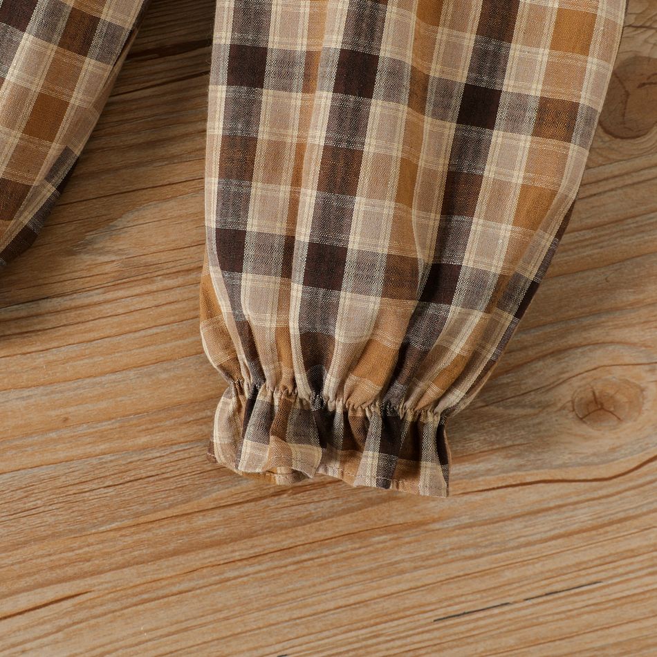 2pcs Baby Girl 100% Cotton Plaid Ruffle Trim Suspender Pants and Brown Ribbed Long-sleeve Top Set Brown