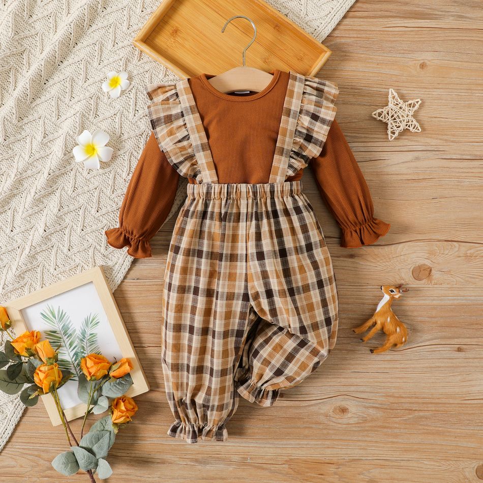 2pcs Baby Girl 100% Cotton Plaid Ruffle Trim Suspender Pants and Brown Ribbed Long-sleeve Top Set Brown big image 1