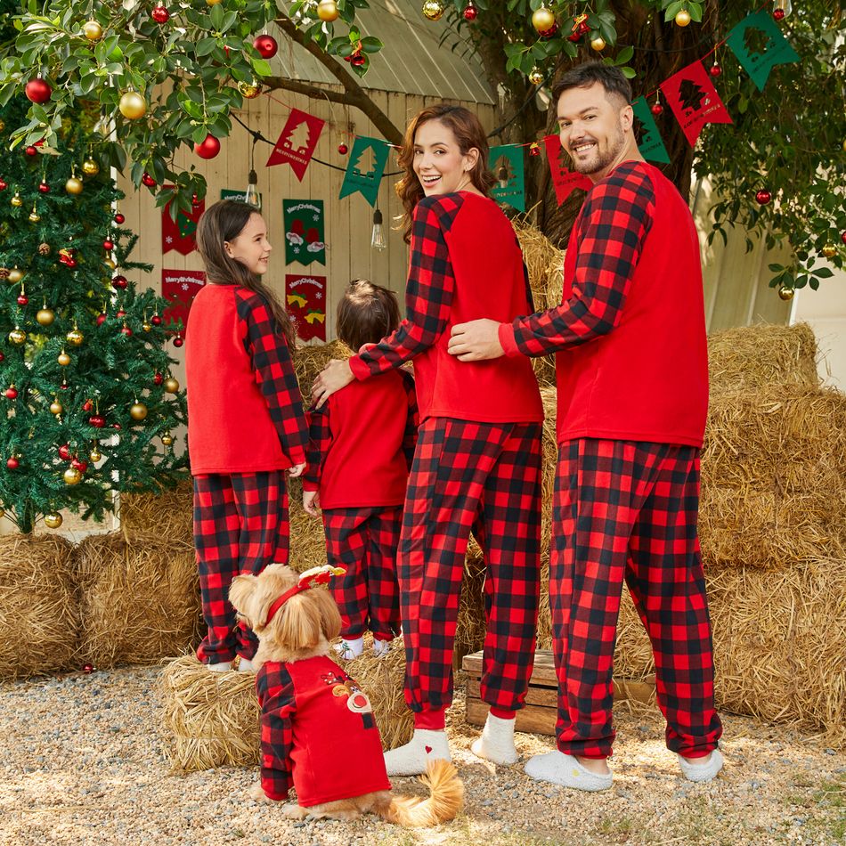 Christmas Family Matching Reindeer Embroidered Red Plaid Raglan-sleeve Thickened Polar Fleece Pajamas Sets (Flame Resistant) redblack big image 4