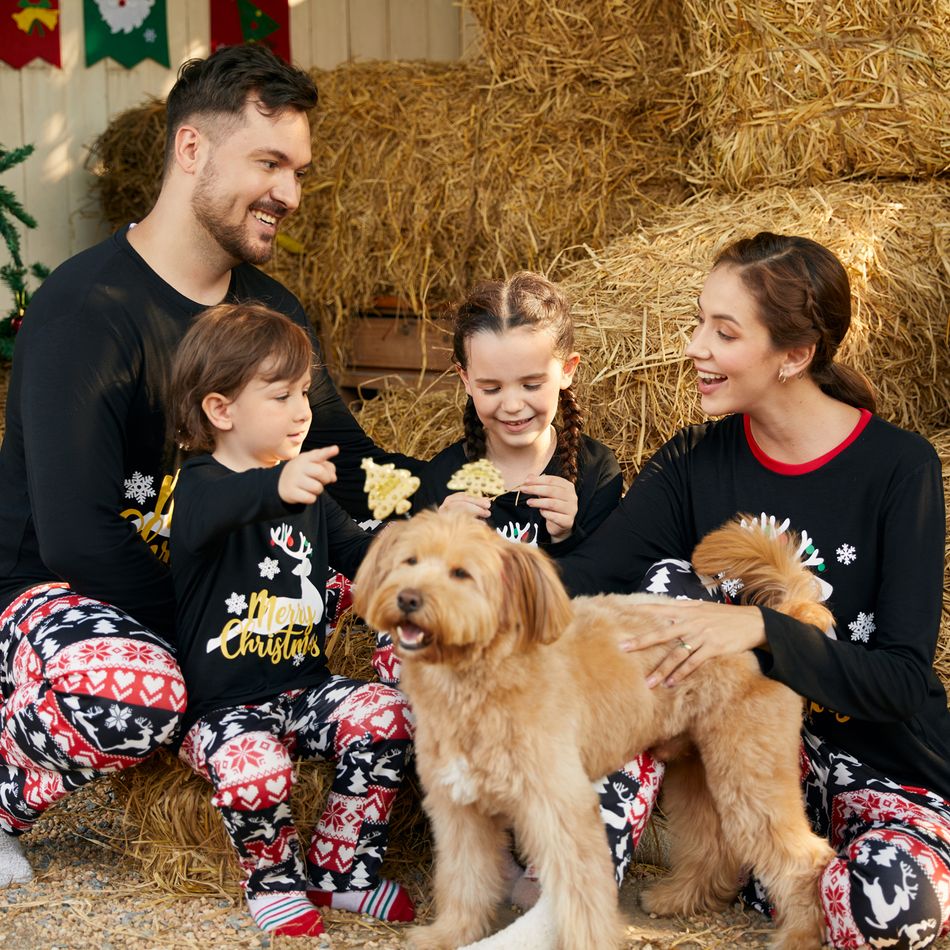 Christmas Family Matching Deer & Letter Print Black Long-sleeve Pajamas Sets (Flame Resistant) Black big image 2