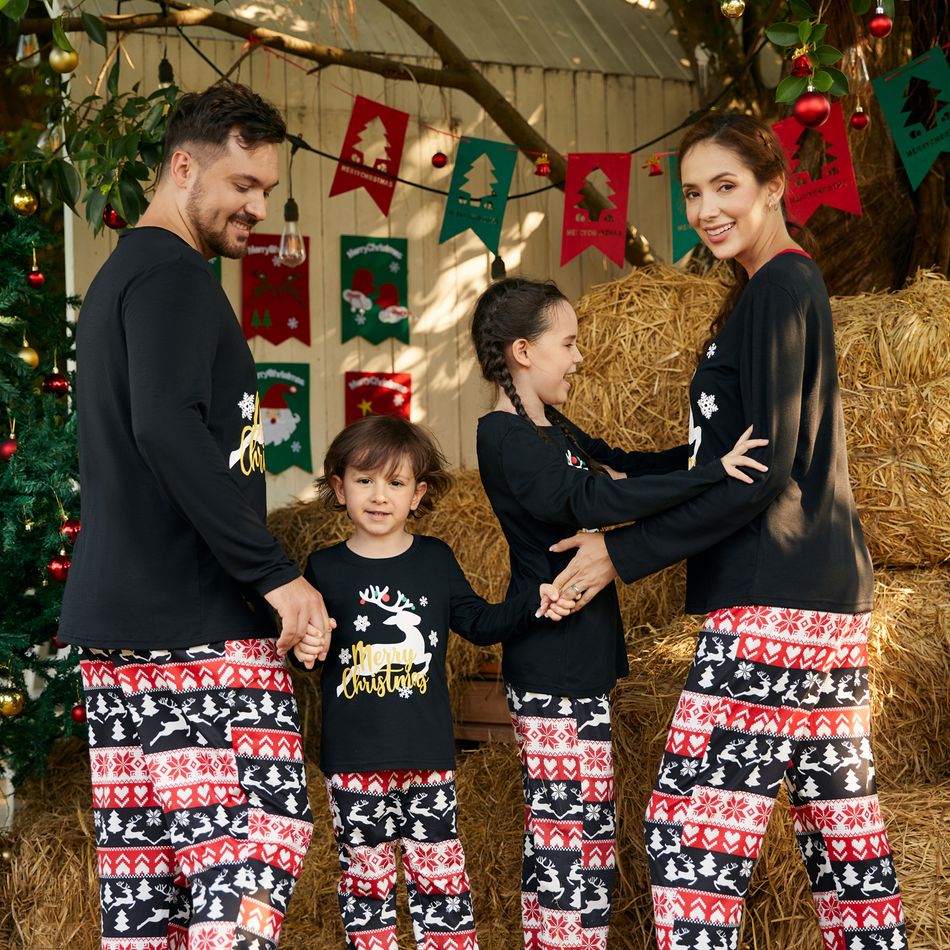 Christmas Family Matching Deer & Letter Print Black Long-sleeve Pajamas Sets (Flame Resistant) Black big image 4