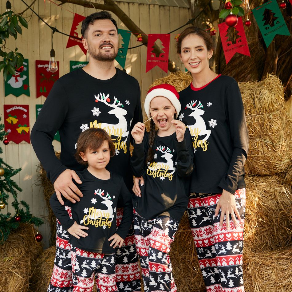 Christmas Family Matching Deer & Letter Print Black Long-sleeve Pajamas Sets (Flame Resistant) Black big image 1
