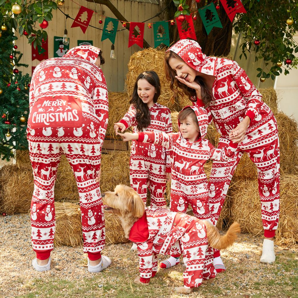 Christmas Family Matching Allover Red Print Long-sleeve Hooded Zipper Onesies Pajamas Sets (Flame Resistant) Red-2 big image 2