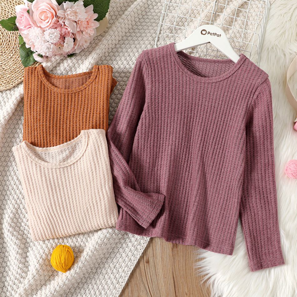 Kid Girl Basic Solid Color Textured Knit Sweater Almond Beige big image 2