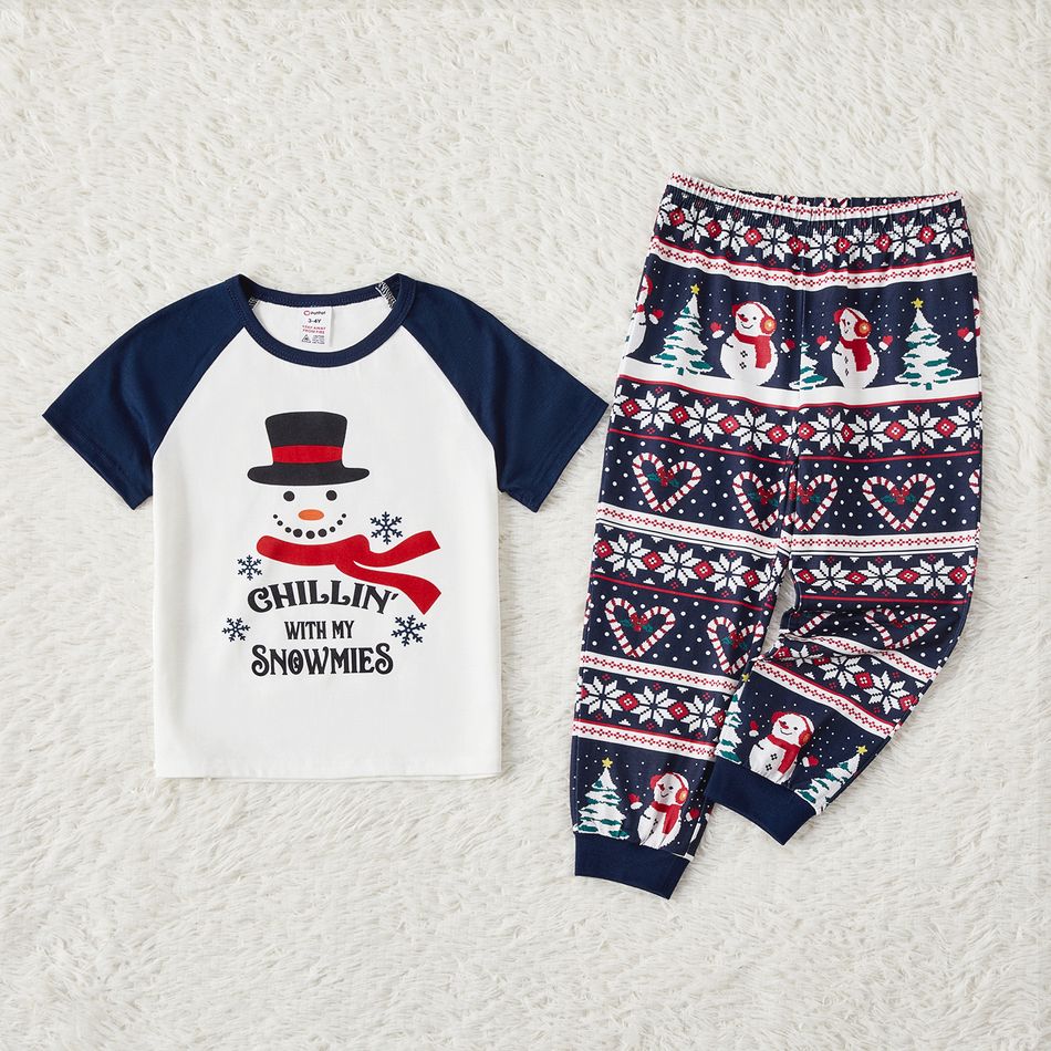Christmas Family Matching Short-sleeve Snowman & Letter Graphic Allover Print Pajamas Sets (Flame Resistant) blueblack big image 9
