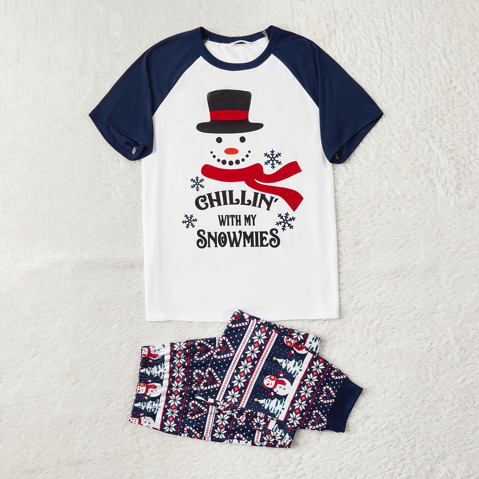 Christmas Family Matching Short-sleeve Snowman & Letter Graphic Allover Print Pajamas Sets (Flame Resistant) blueblack big image 2