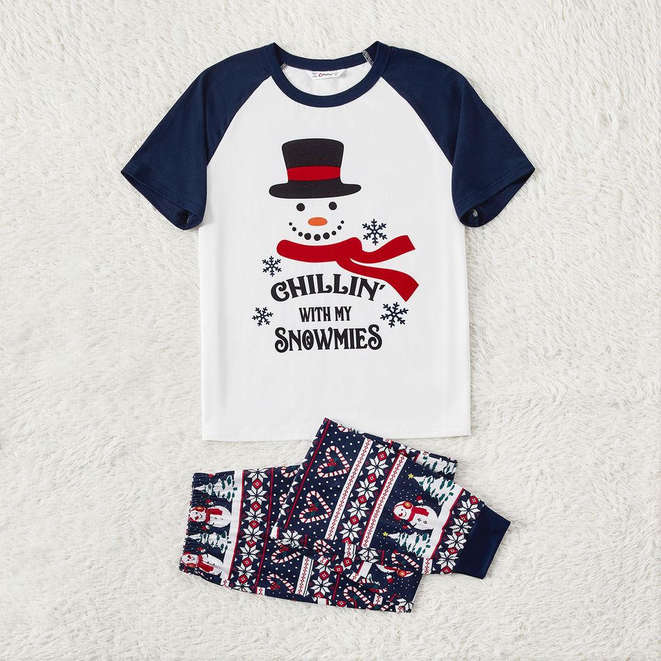 Christmas Family Matching Short-sleeve Snowman & Letter Graphic Allover Print Pajamas Sets (Flame Resistant) blueblack big image 3