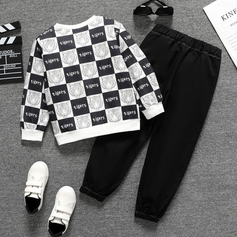 2pcs Kid Boy Tiger Allover Print Sweatshirt and Letter Print Pants Set Black/White big image 4