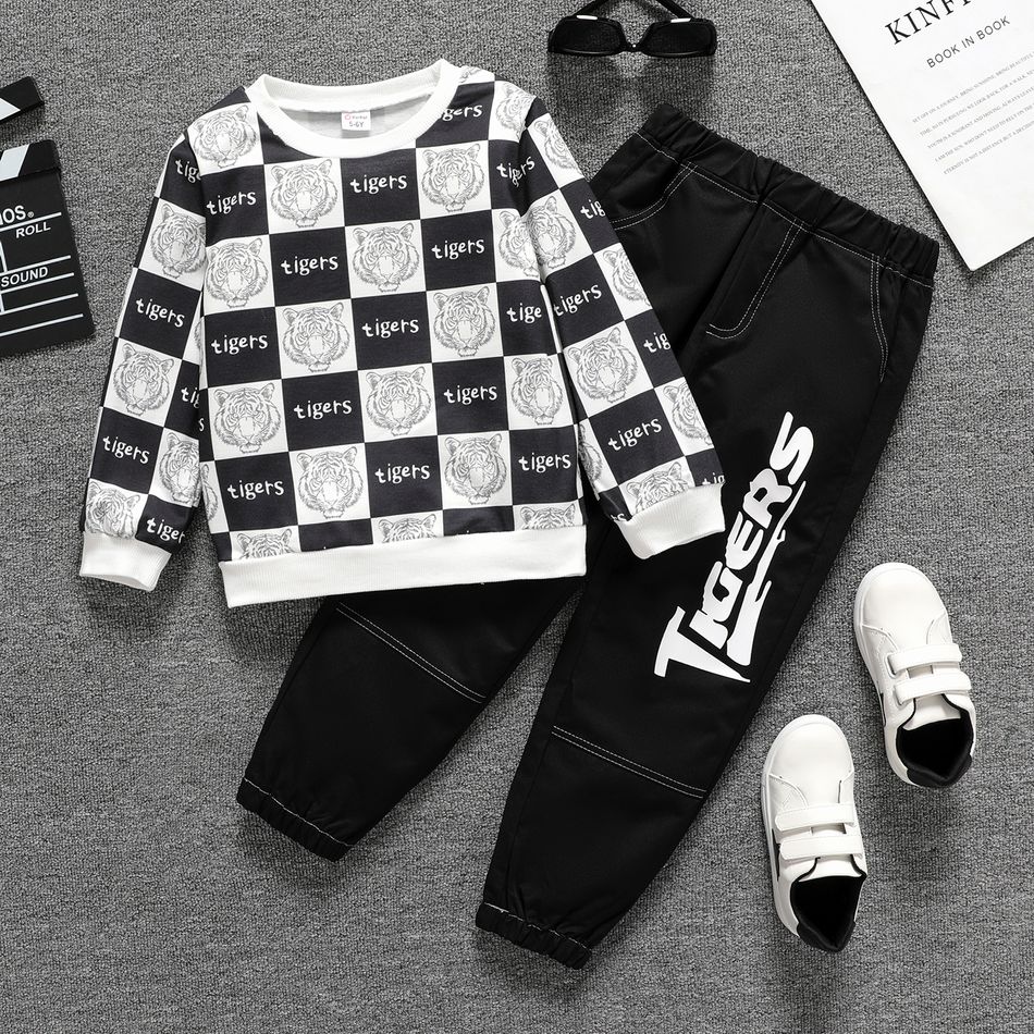 2pcs Kid Boy Tiger Allover Print Sweatshirt and Letter Print Pants Set Black/White big image 2