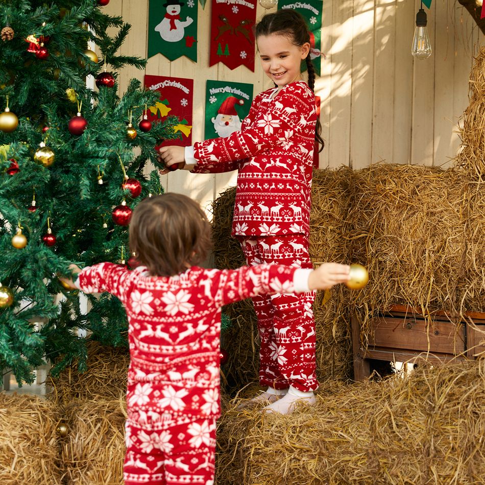 Christmas Family Matching Long-sleeve Allover Deer & Snowflake Print Red Thickened Polar Fleece Pajamas Sets (Flame Resistant) REDWHITE big image 5