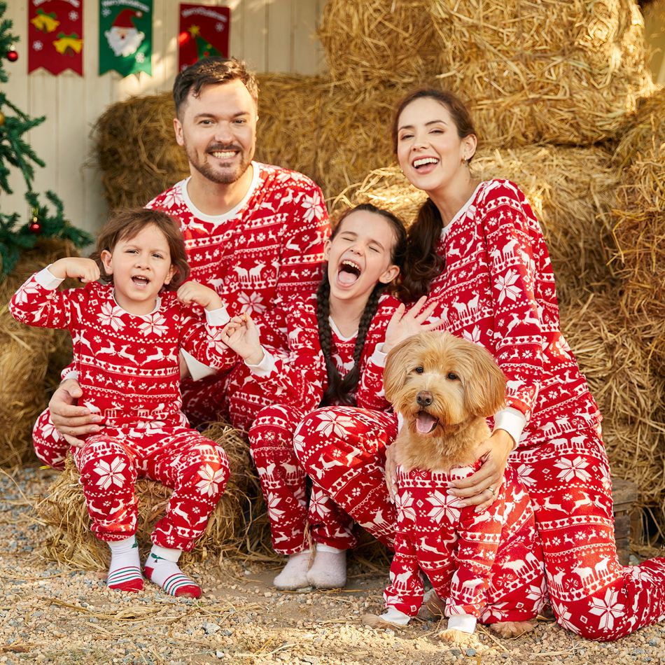 Christmas Family Matching Long-sleeve Allover Deer & Snowflake Print Red Thickened Polar Fleece Pajamas Sets (Flame Resistant) REDWHITE big image 3