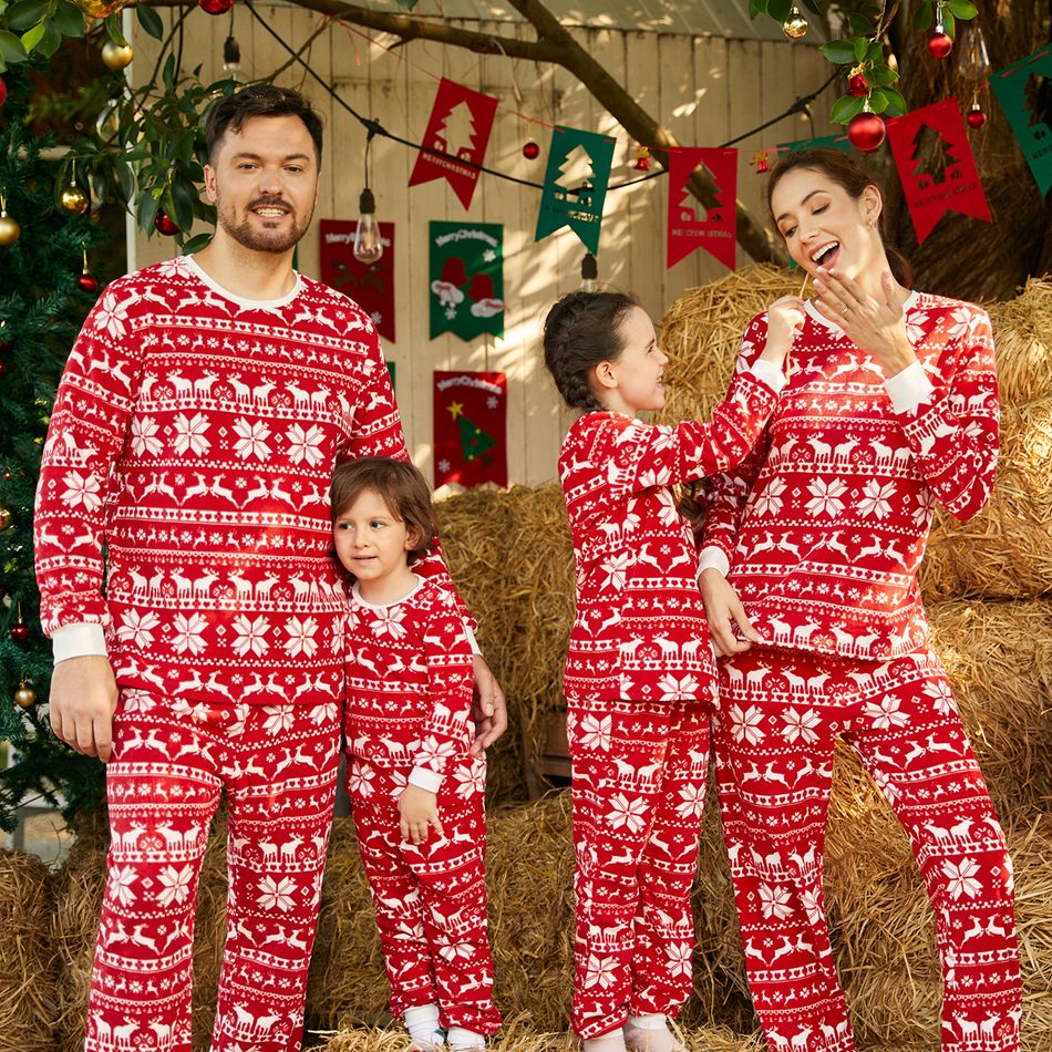 Christmas Family Matching Long-sleeve Allover Deer & Snowflake Print Red Thickened Polar Fleece Pajamas Sets (Flame Resistant) REDWHITE big image 2