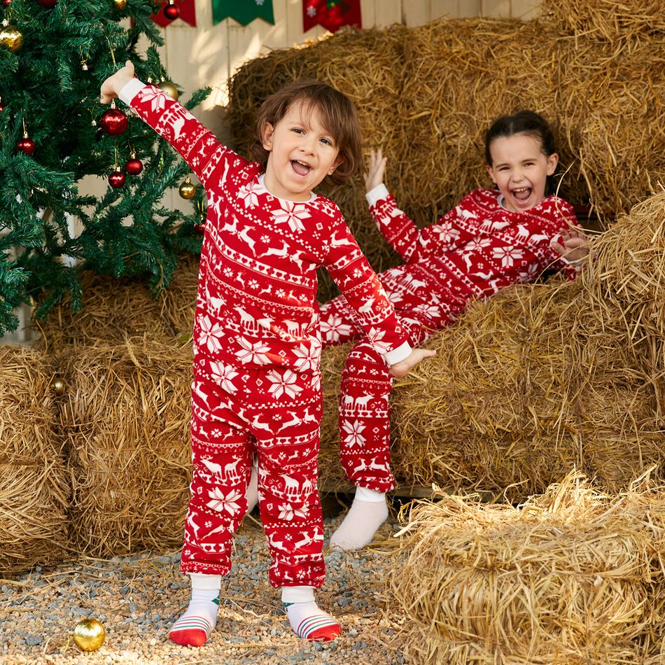Christmas Family Matching Long-sleeve Allover Deer & Snowflake Print Red Thickened Polar Fleece Pajamas Sets (Flame Resistant) REDWHITE big image 4