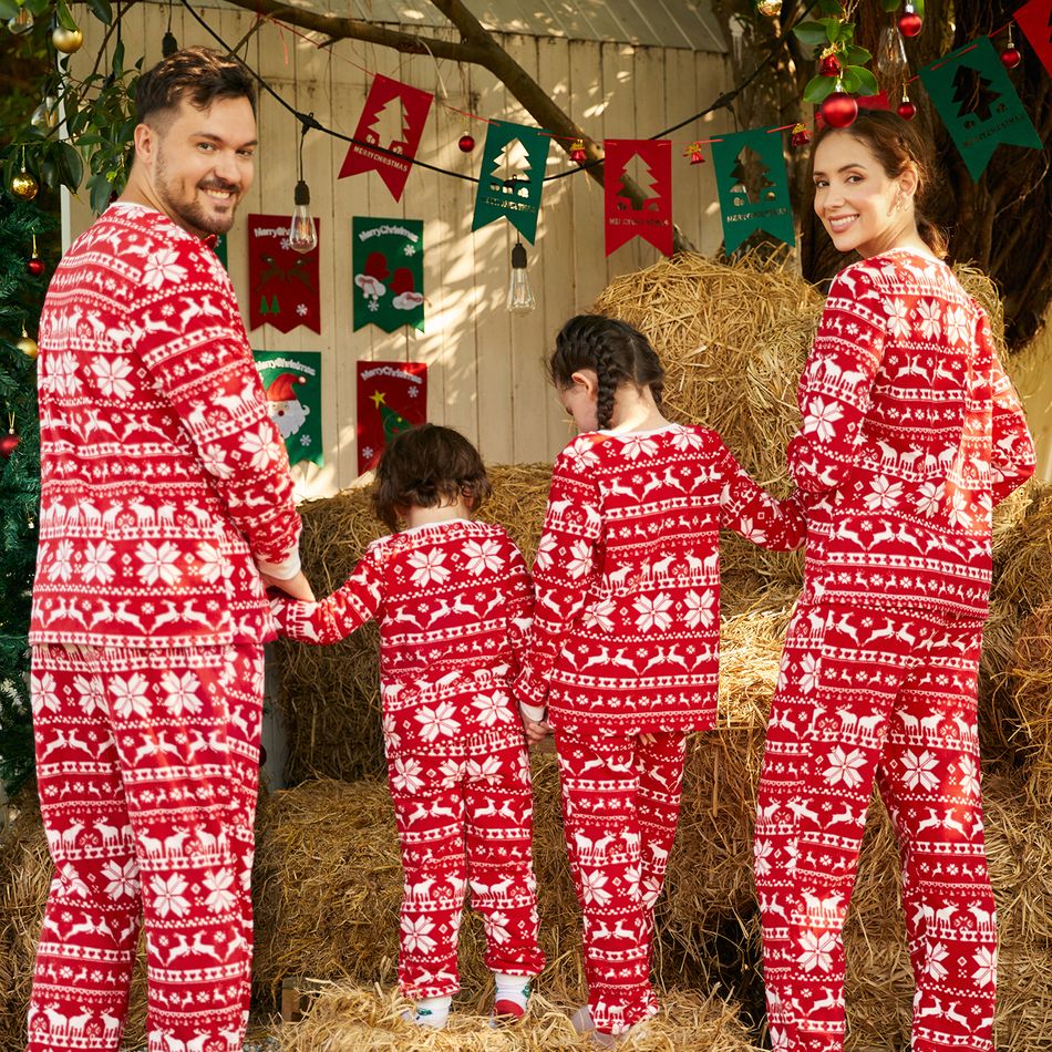 Christmas Family Matching Long-sleeve Allover Deer & Snowflake Print Red Thickened Polar Fleece Pajamas Sets (Flame Resistant) REDWHITE big image 6